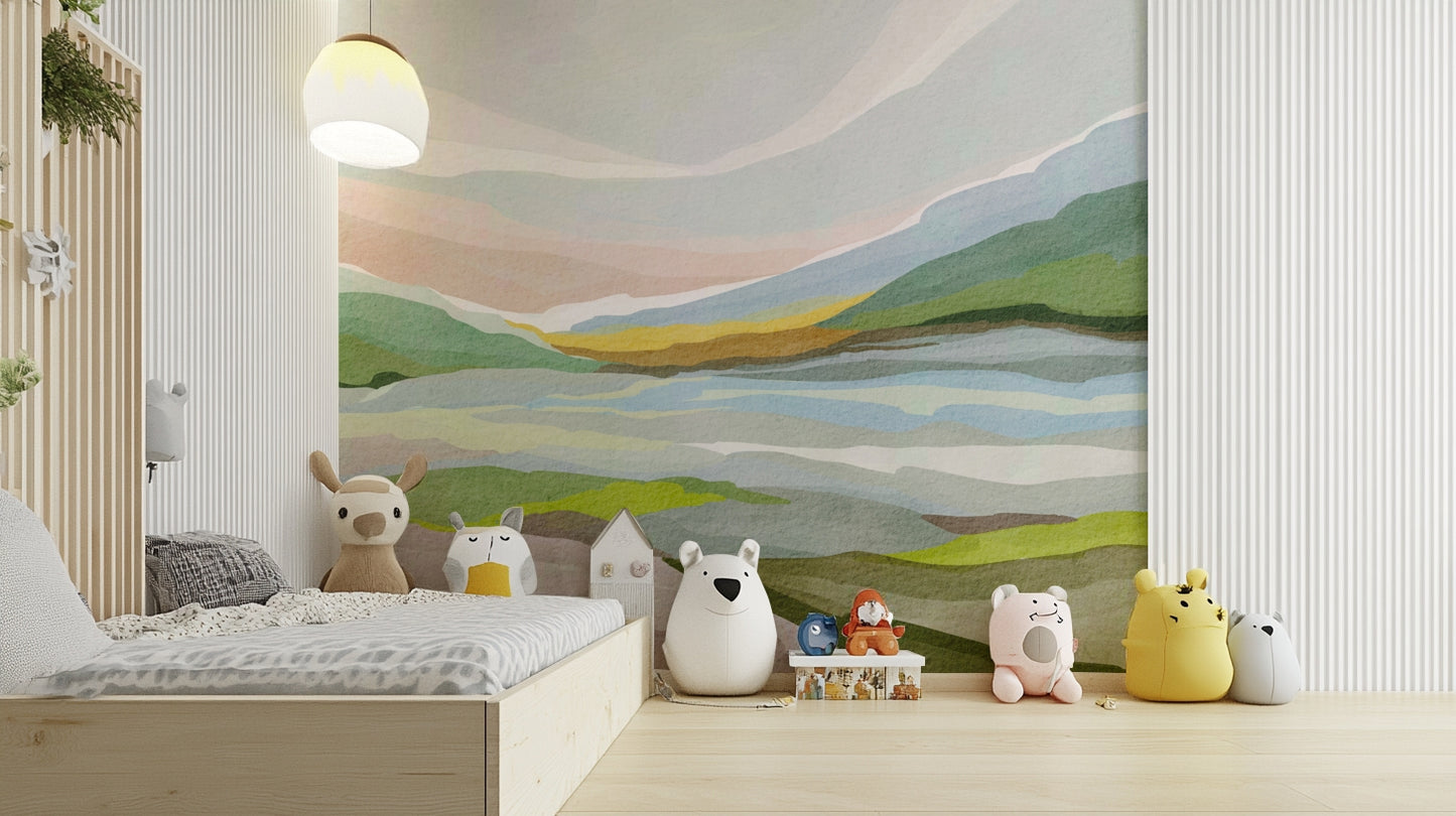 Watercolor landscape mural with pastel hill tones


