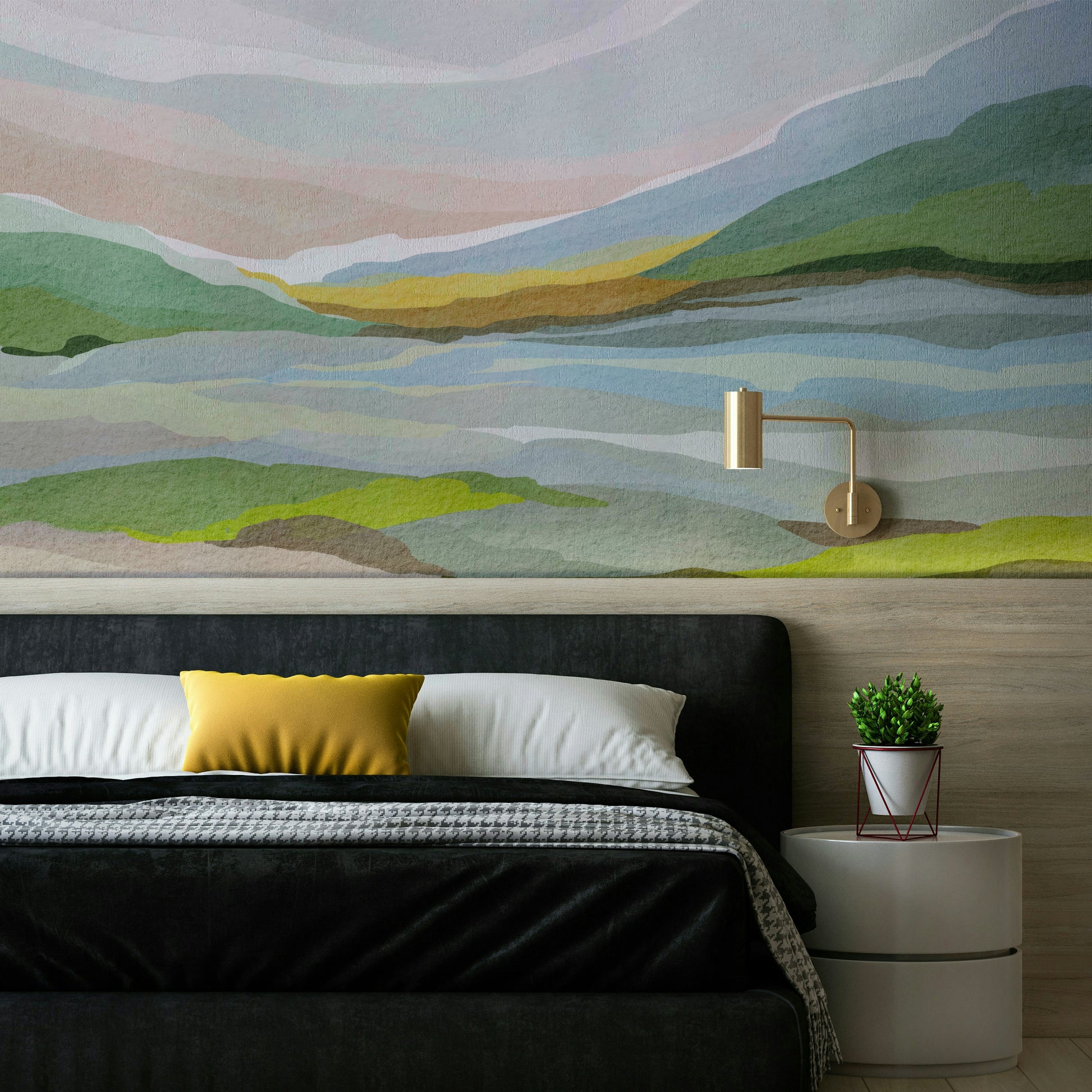 Watercolor hills mural for calming living spaces

