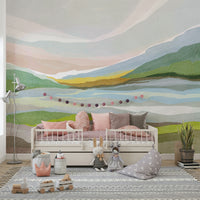 Artistic hills mural painted in watercolor style

