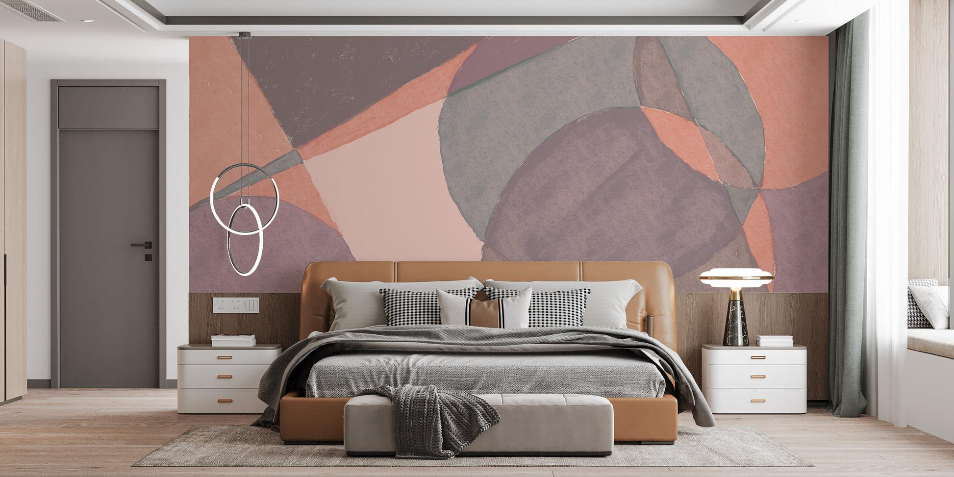 Geometric watercolor shapes on textured wallpaper