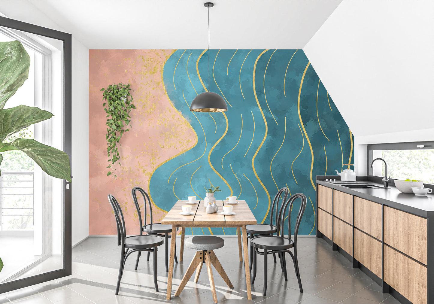 Abstract Wave with Gold Line wallpaper mural in coral and teal behind a wooden table and black chairs in a kitchen