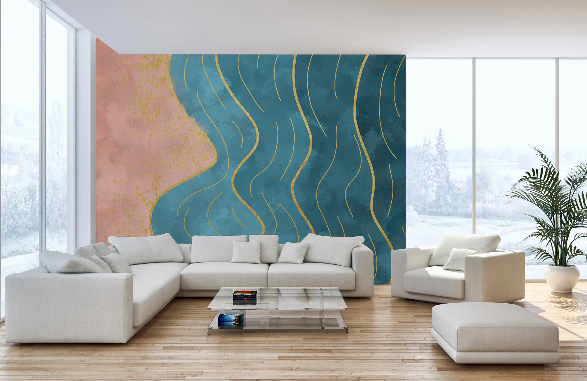 Abstract Wave with Gold Line wallpaper mural in teal and coral behind a cream sectional by snowy windows in a living room