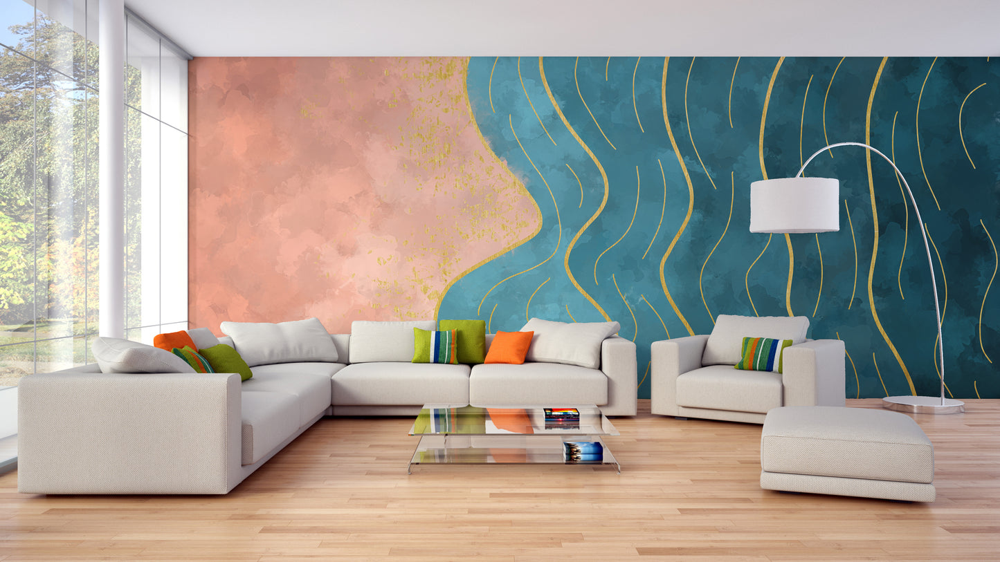 Abstract Wave with Gold Line wallpaper mural in coral and teal behind a cream sectional sofa in a bright living room