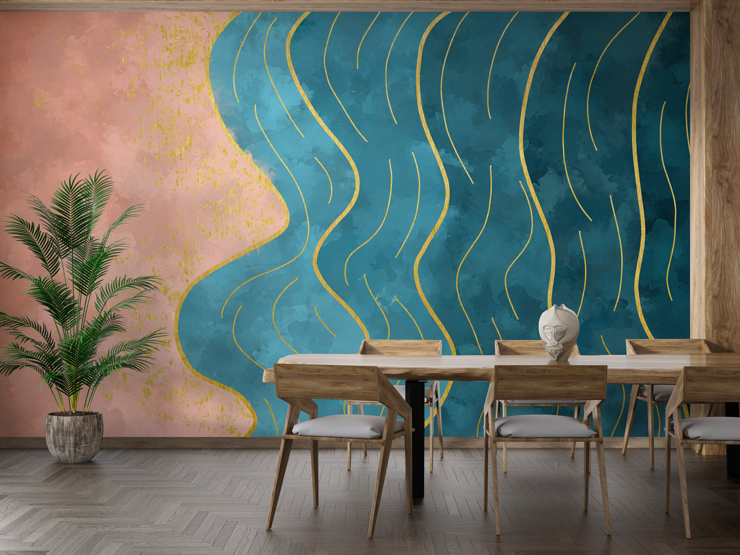 Abstract Wave with Gold Line wallpaper mural in teal and coral behind a wooden dining table and chairs in a dining room
