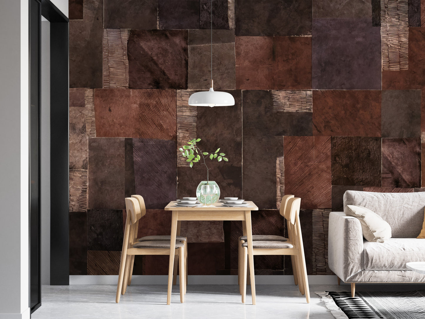 Abstract Wooden Mosaic wallpaper mural showing brown textured wood tiles above a wooden dining table beside a grey sofa