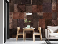 Abstract Wooden Mosaic wallpaper mural showing brown textured wood tiles above a wooden dining table beside a grey sofa
