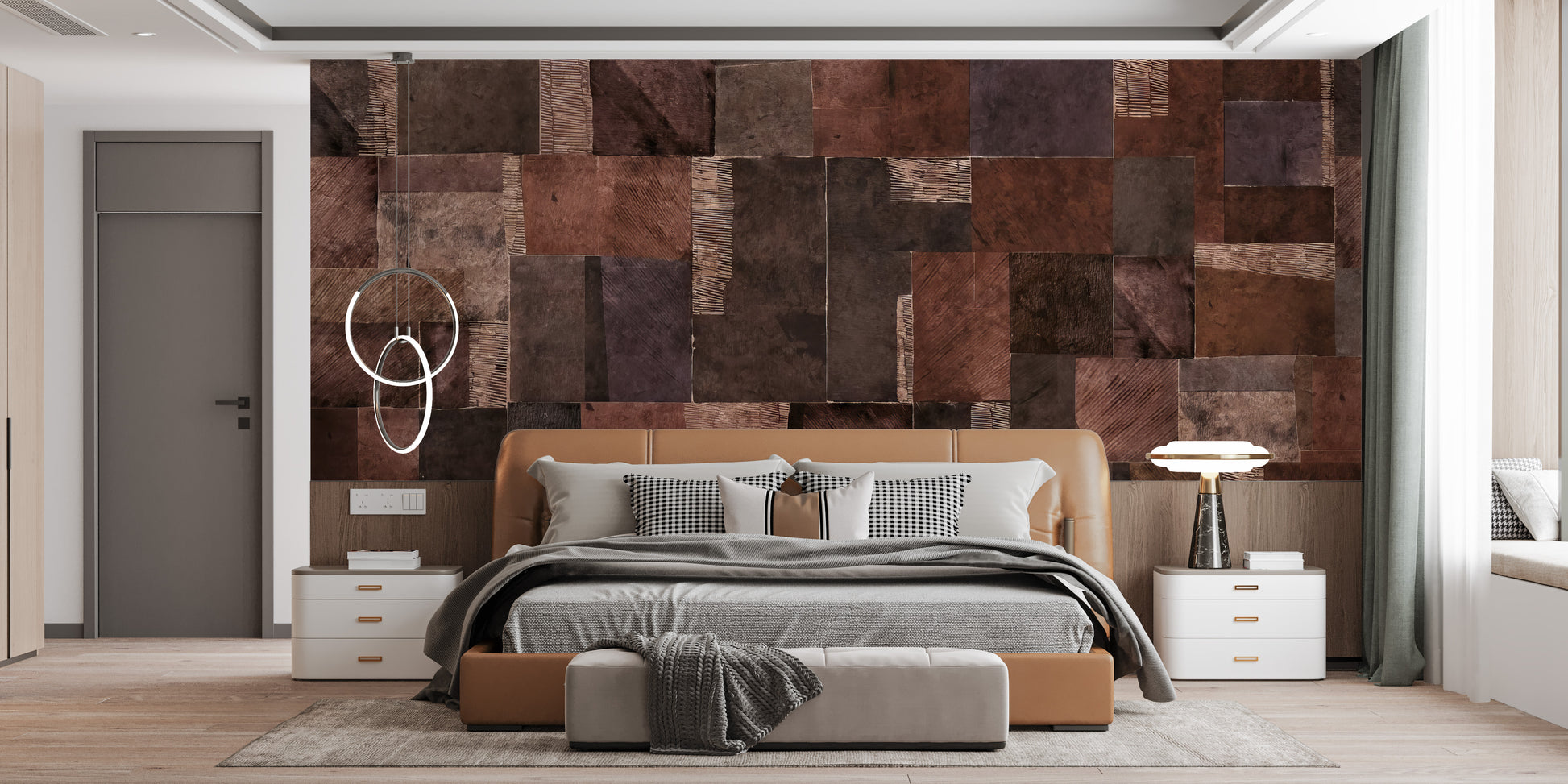 Abstract Wooden Mosaic wallpaper mural with rust and brown wood blocks behind a tan leather bed in a modern bedroom