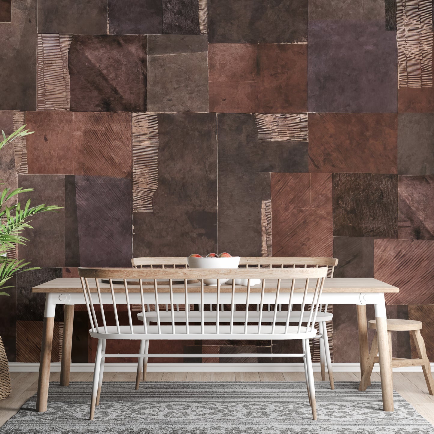 Abstract Wooden Mosaic wallpaper mural of brown patchwork wood tiles behind a wooden dining table and white bench in a dining room