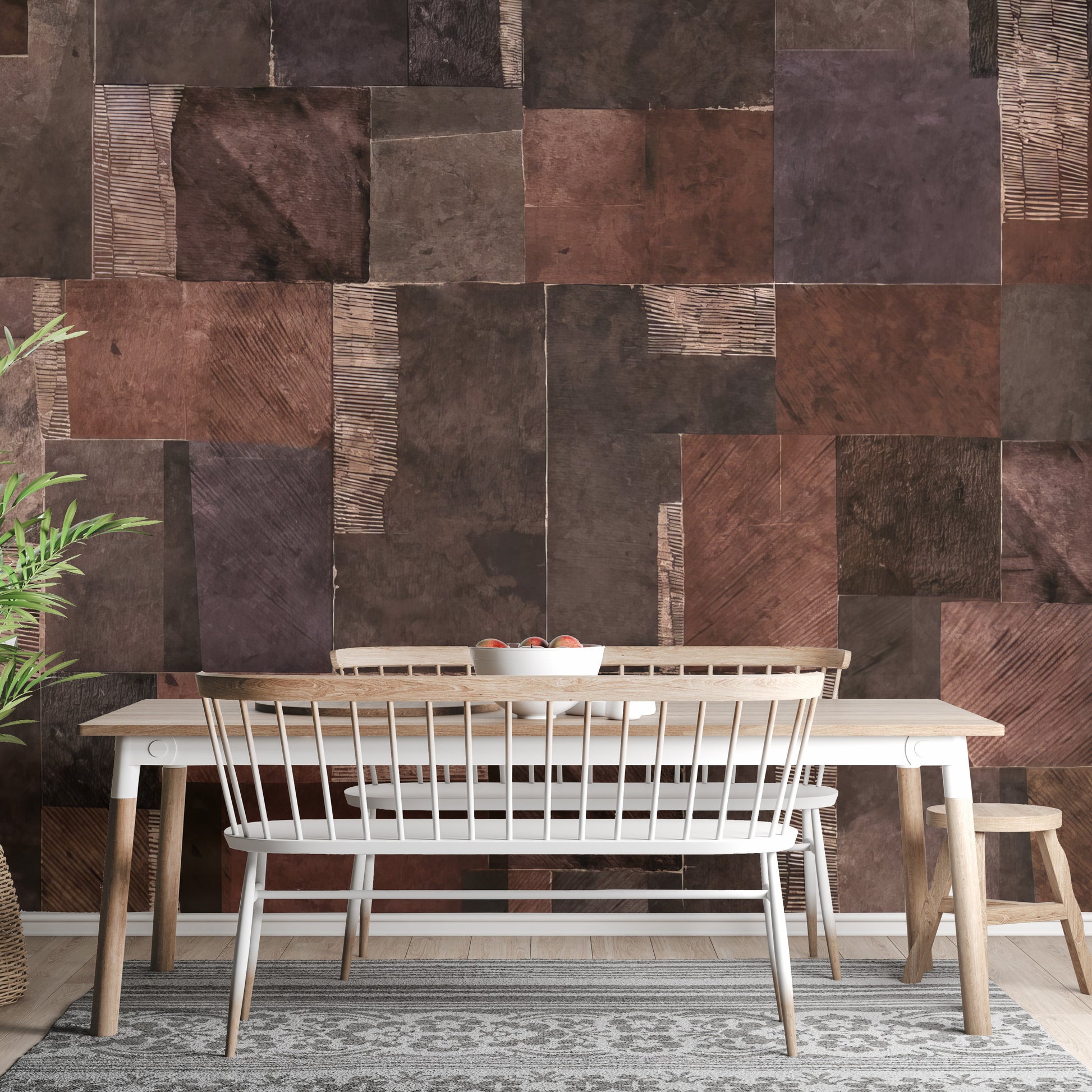 Abstract Wooden Mosaic wallpaper mural of brown patchwork wood tiles behind a wooden dining table and white bench in a dining room