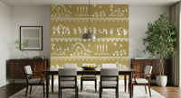 Hand-drawn Adivasi mural illustrating rural homes, harvest scenes, and community rituals