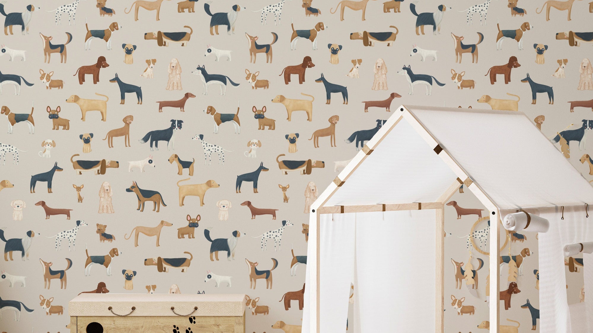 Beige Cute Dogs wallpaper of tan and navy illustrated dogs in a nursery with a white house-frame play tent
