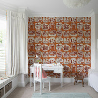 Nature adventure wallpaper mural with doodles of explorers, maps, and forest scenery.