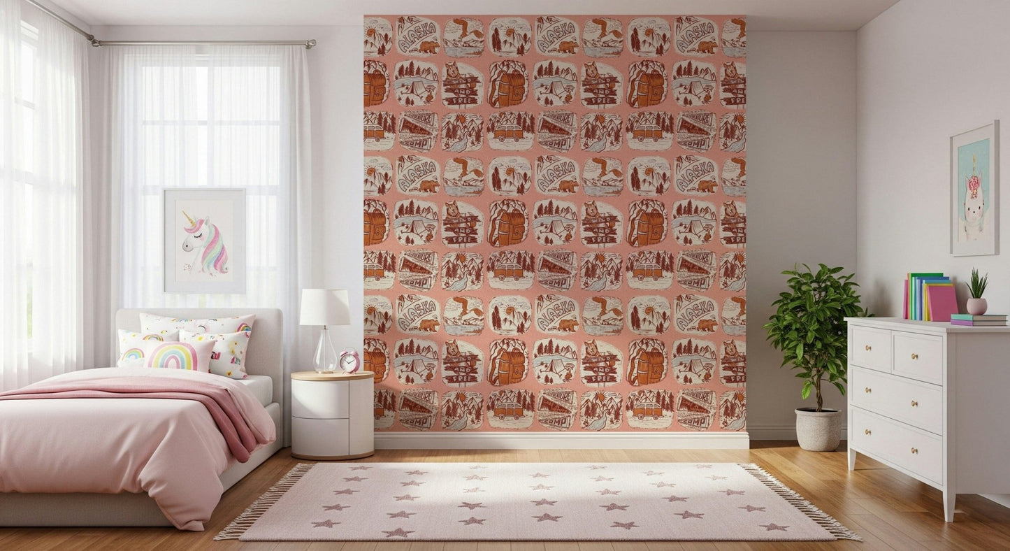 Adventure Awaits wallpaper showcasing vintage travel badges in warm rustic tones.