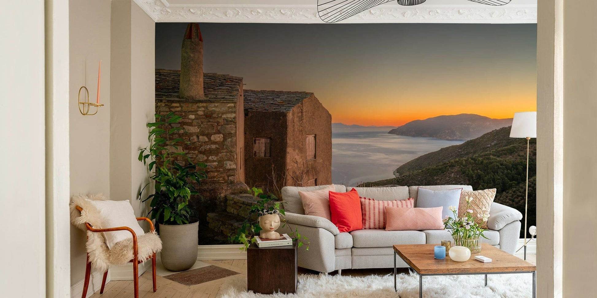 A graceful blue and white wall mural in cool, tranquil tones.

