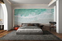 Aerial beach and sea mural in soft coastal tones

