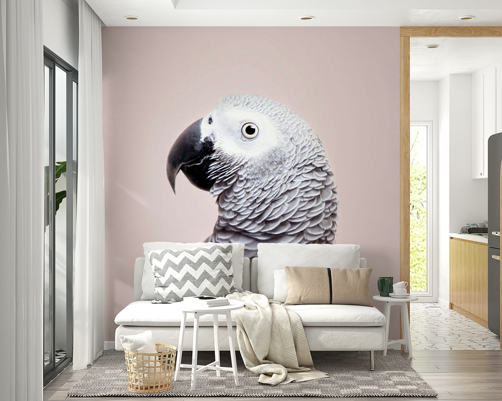 African Grey bird mural in botanical background

