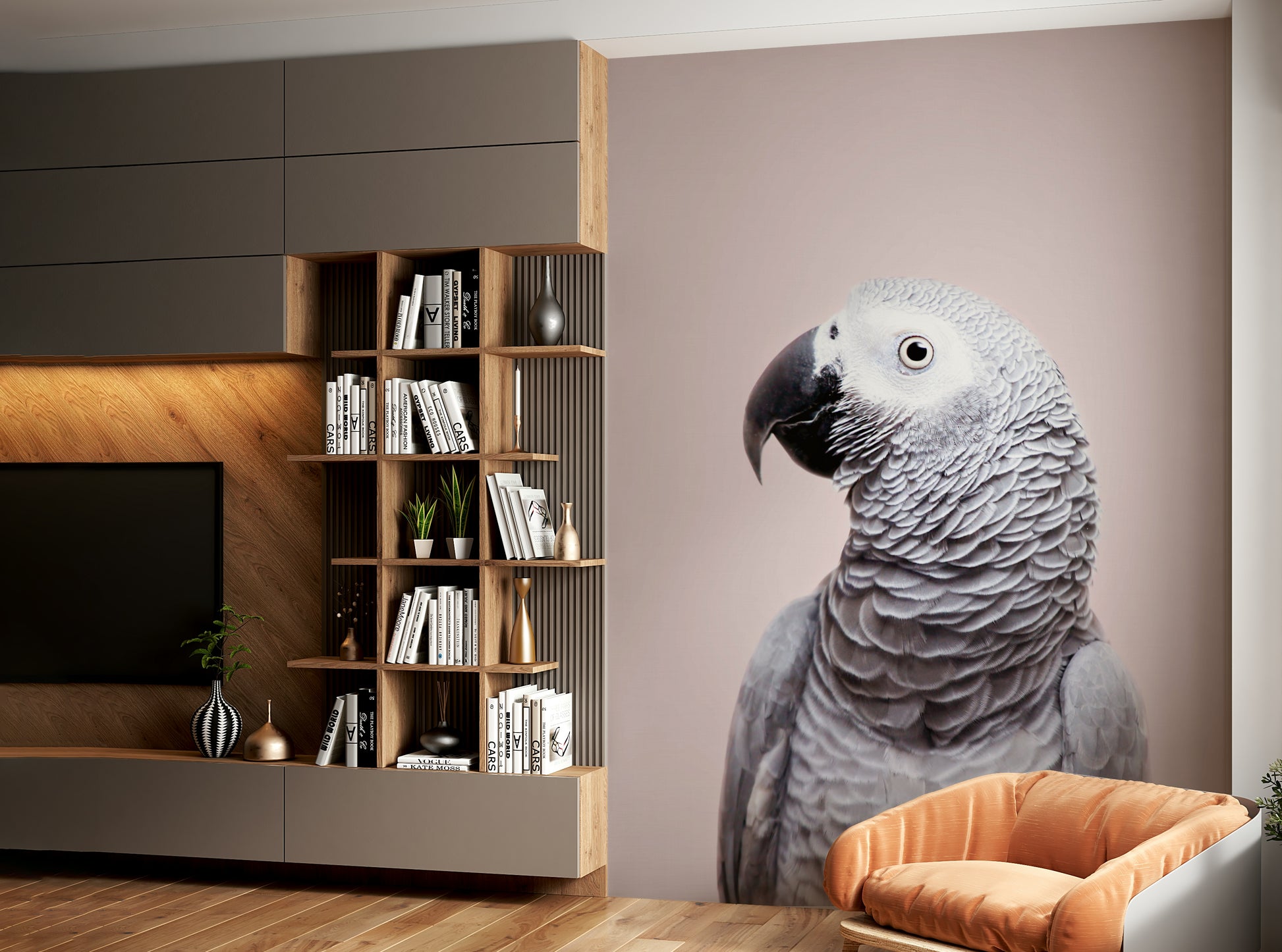 Exotic bird mural featuring African Grey parrot

