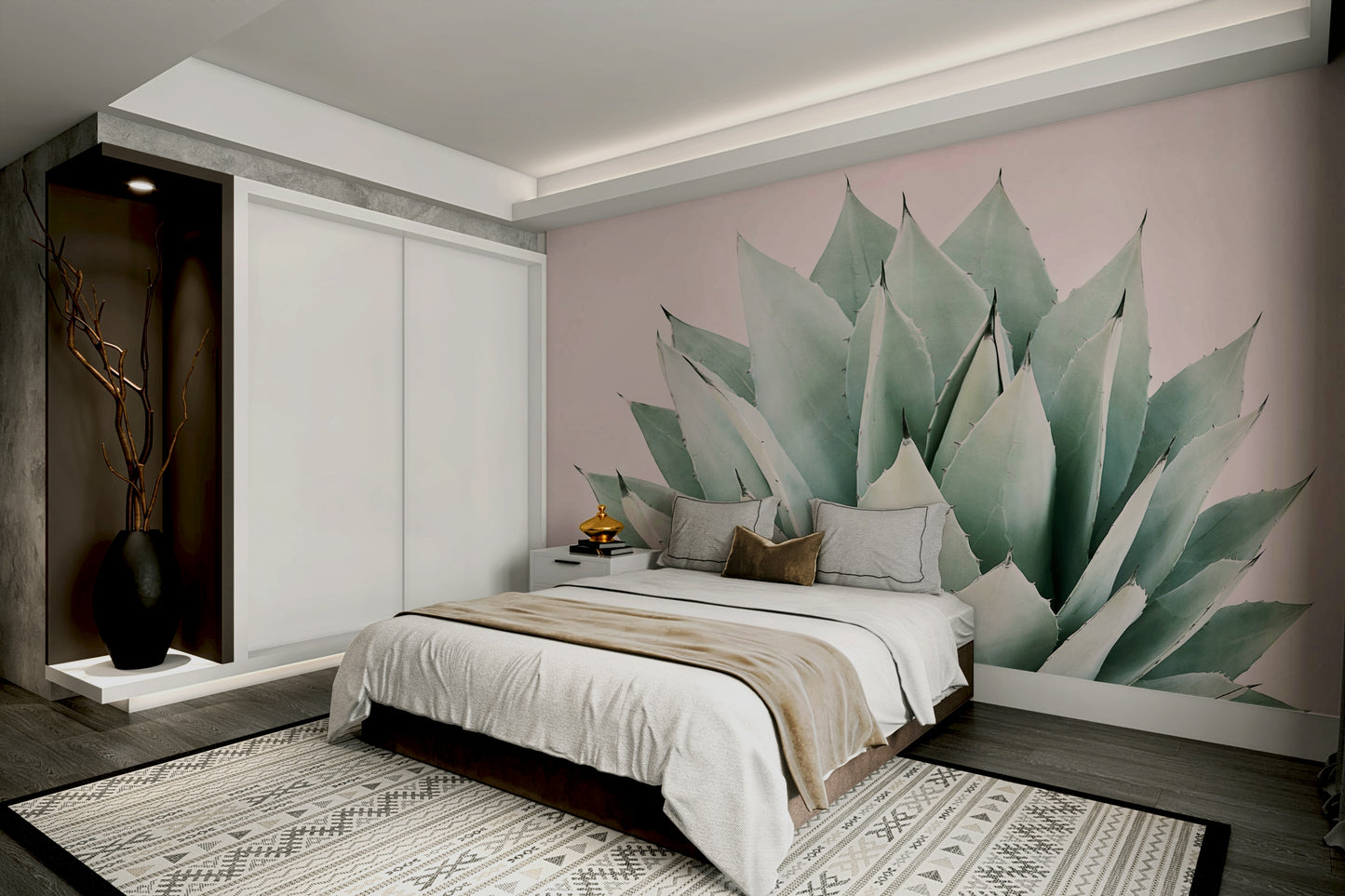 Muted green agave flower wallpaper for living rooms.