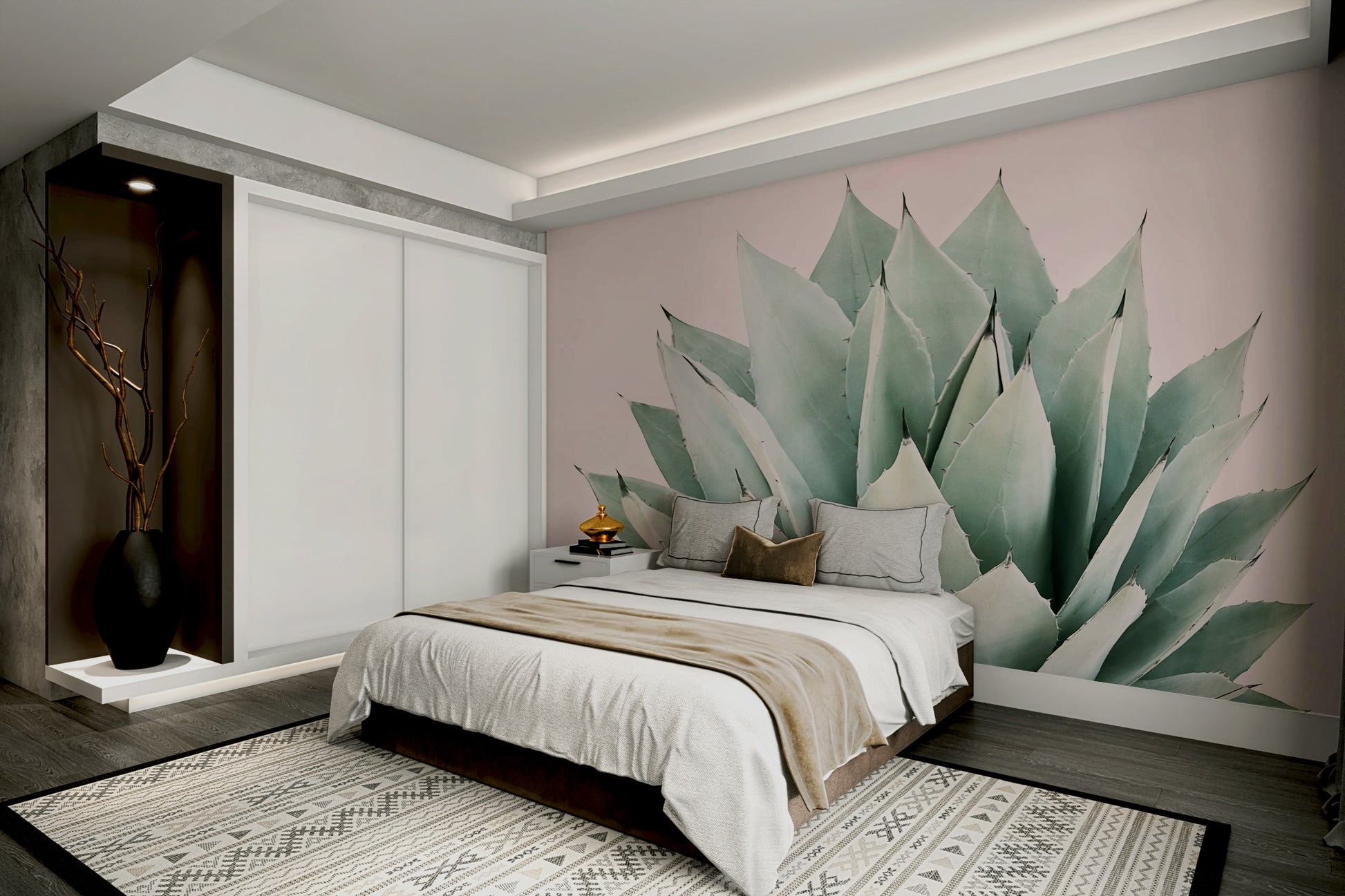 Muted green agave flower wallpaper for living rooms.