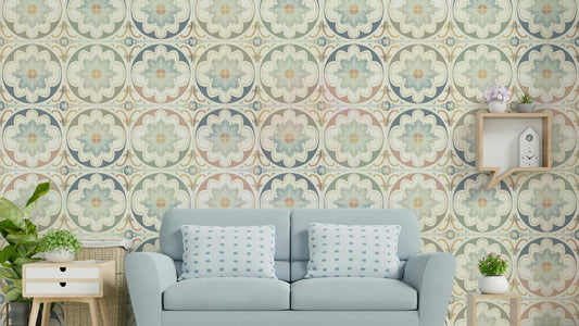 aged cement tile backsplashes mixed colors wallpaper

