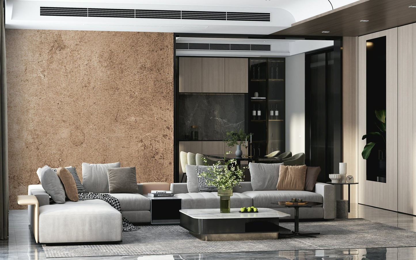 Faux Leather Peach Mural – Aged leather-effect wallpaper in gentle peach tones, ideal for feature walls or living spaces.