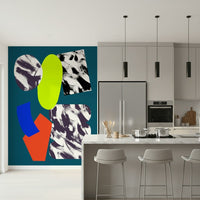 Modern art wallpaper with large textured shapes in contrasting colors and fluid silhouettes.