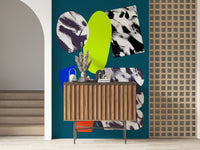 An abstract wallpaper featuring bold organic shapes in blue, lime green, red, and black-and-white textures.