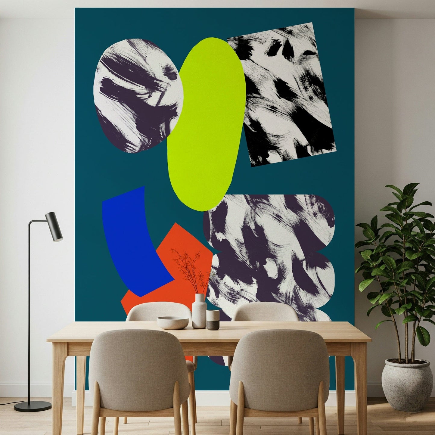 A modern abstract wallpaper with overlapping colorful forms set against a deep teal background.