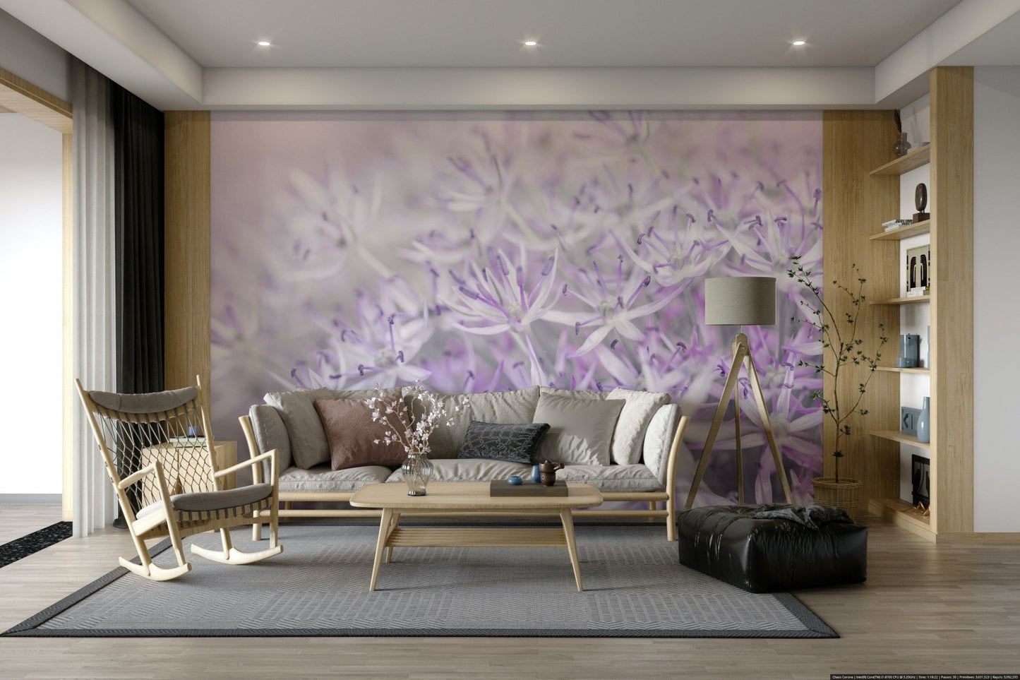 Allium flower wallpaper in soothing lavender and white hues

