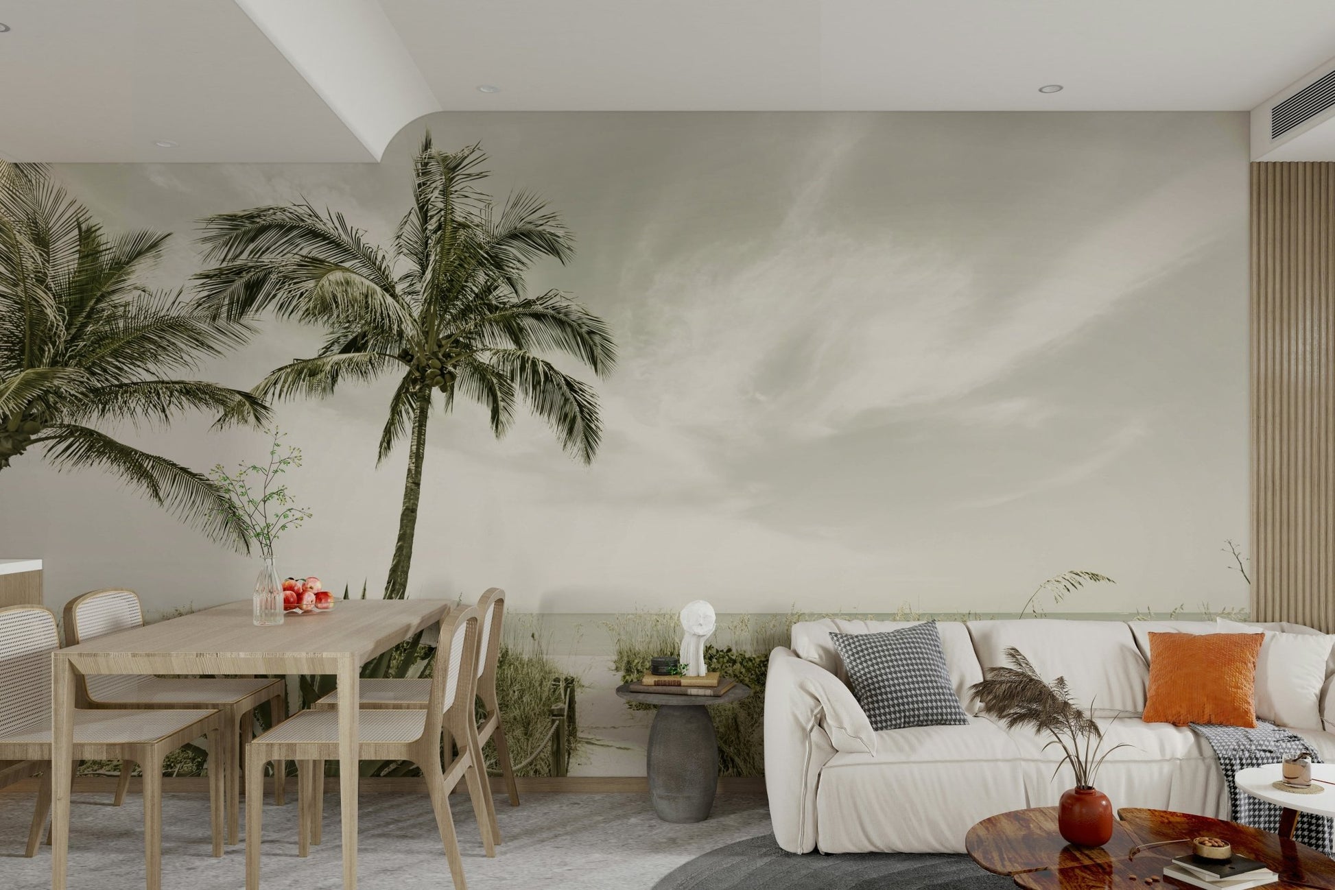 Vintage mural of a lone figure on a peaceful beach

