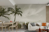 Vintage mural of a lone figure on a peaceful beach

