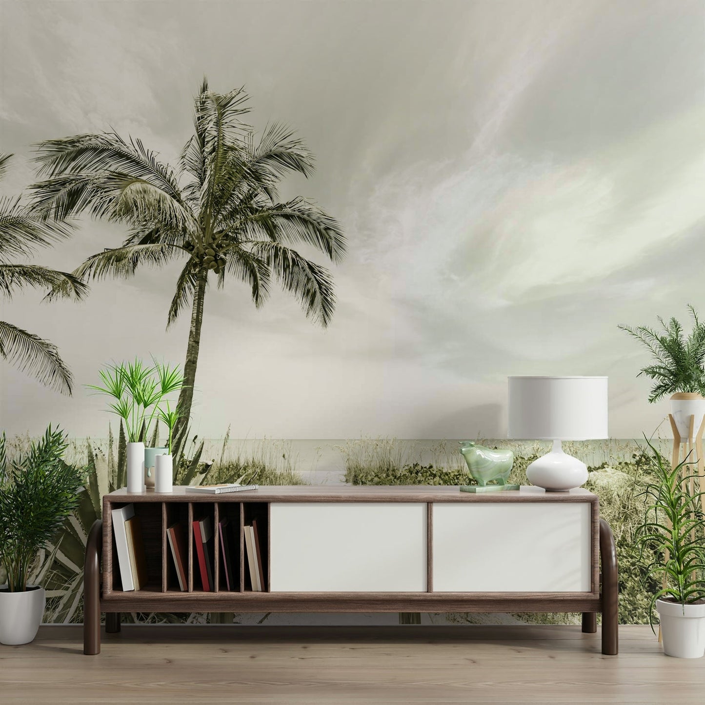 Reflective beach mural with a vintage coastal vibe

