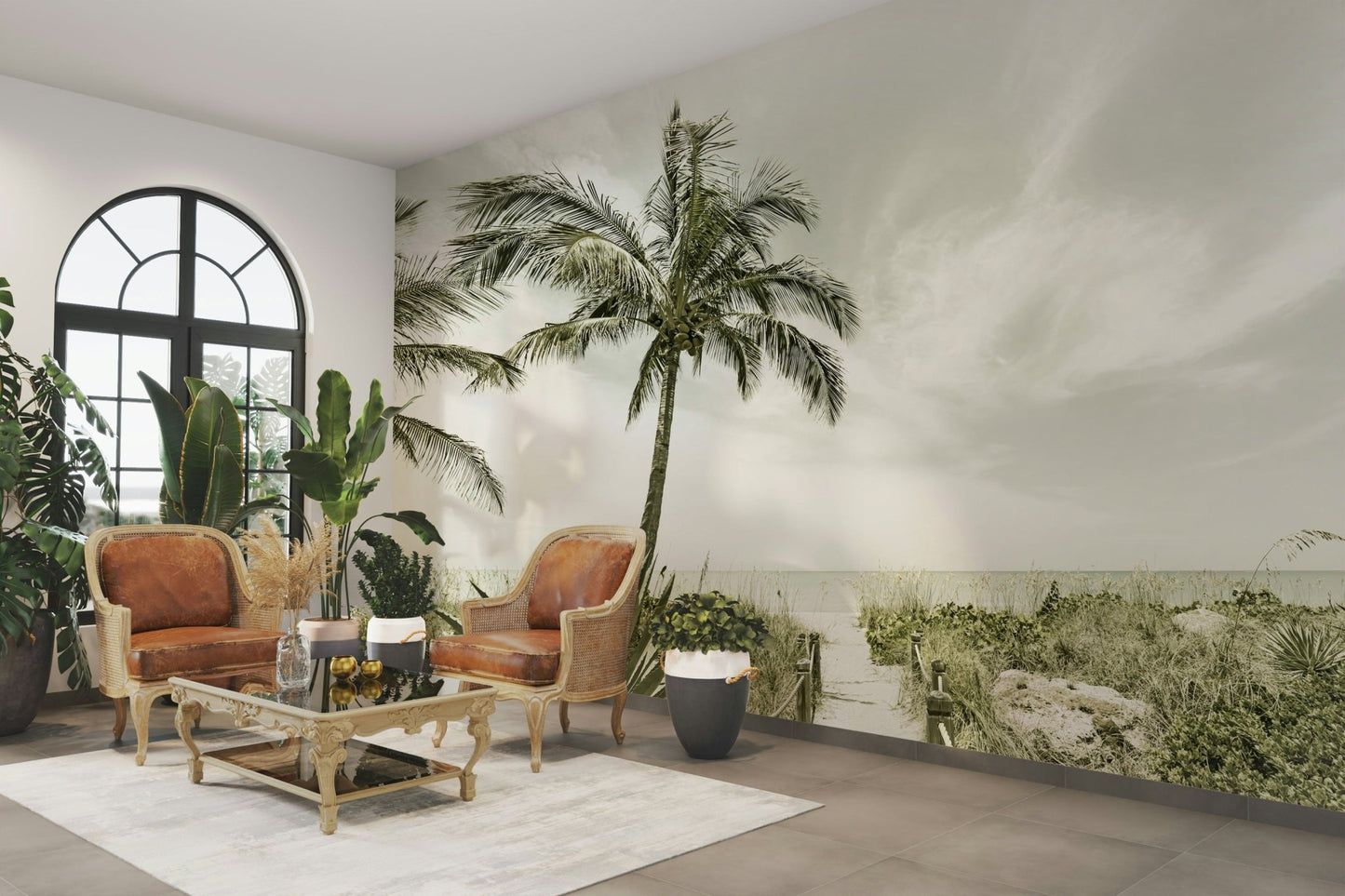 Serene beach scene with a solitary figure on vintage wall mural


