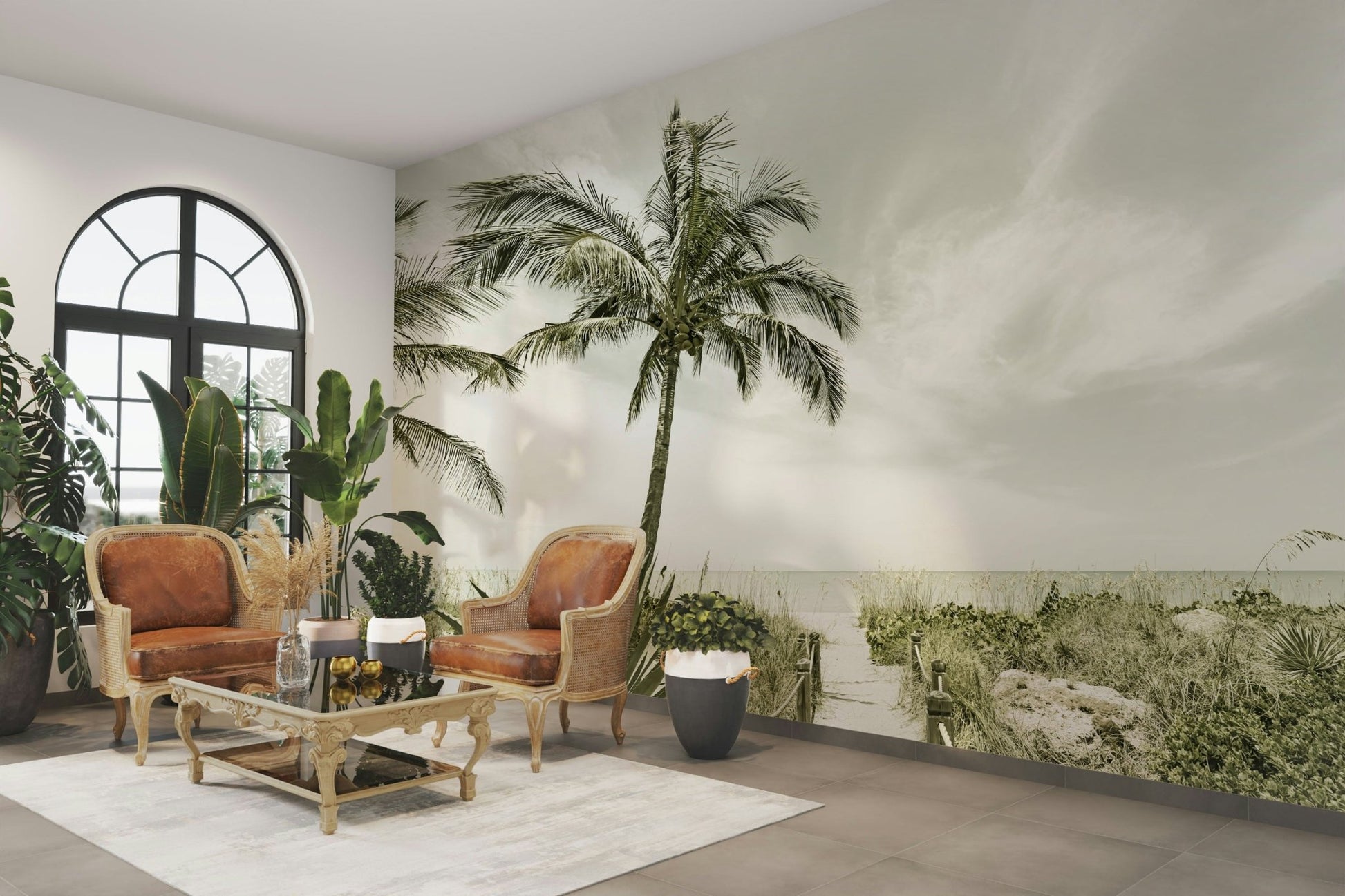 Serene beach scene with a solitary figure on vintage wall mural


