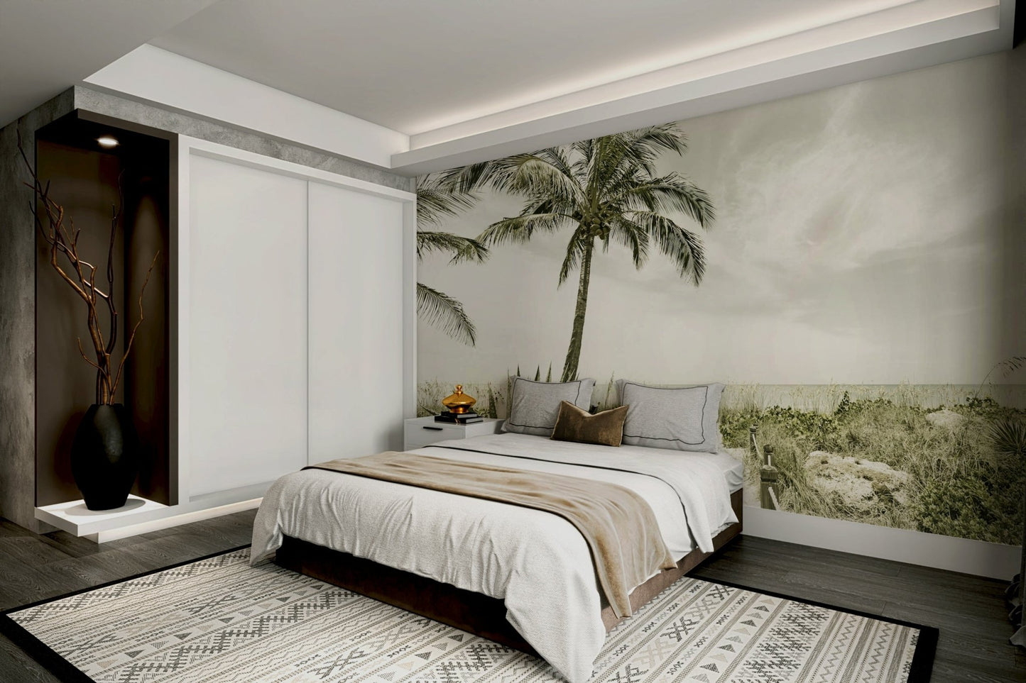 Nostalgic beach scene with soft colors in vintage mural

