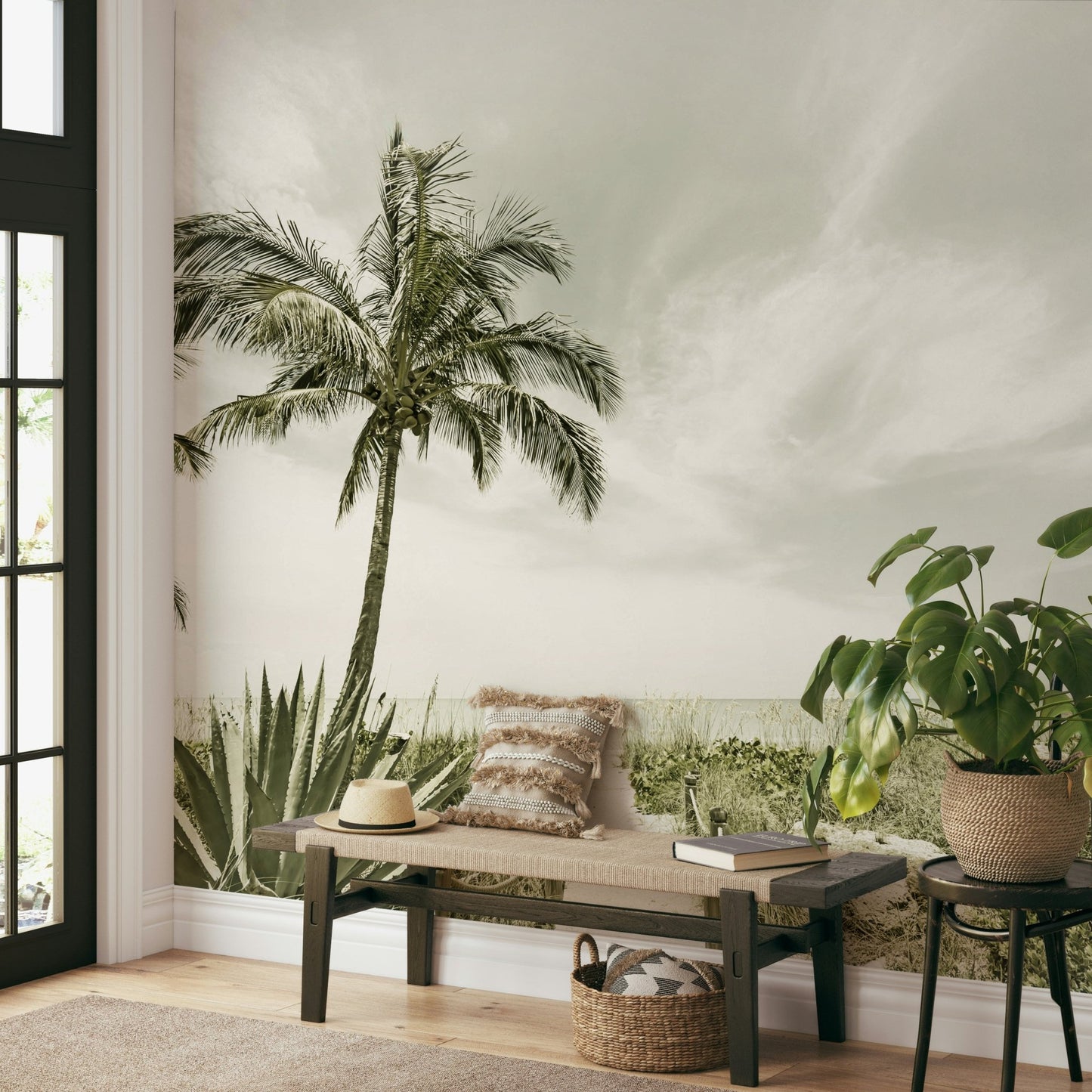 Solitary figure walking on the beach in vintage mural design


