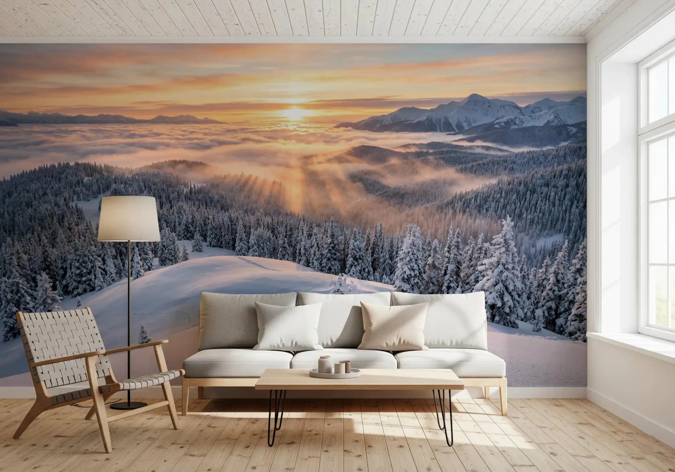 Living room snow mountain wall mural winter sunrise view