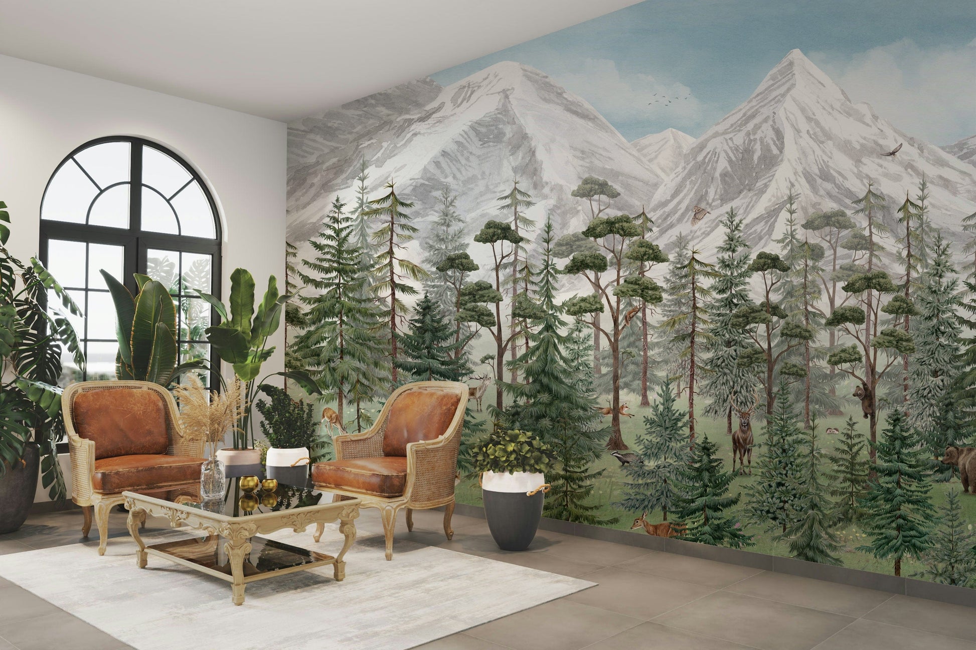 An artistic nature escape mural for home decor.

