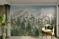A beautiful panoramic wall mural of pine trees.

