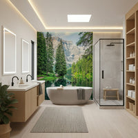 Vivid Alpine Lake Reflection wallpaper wall calm lake rugged cliff.