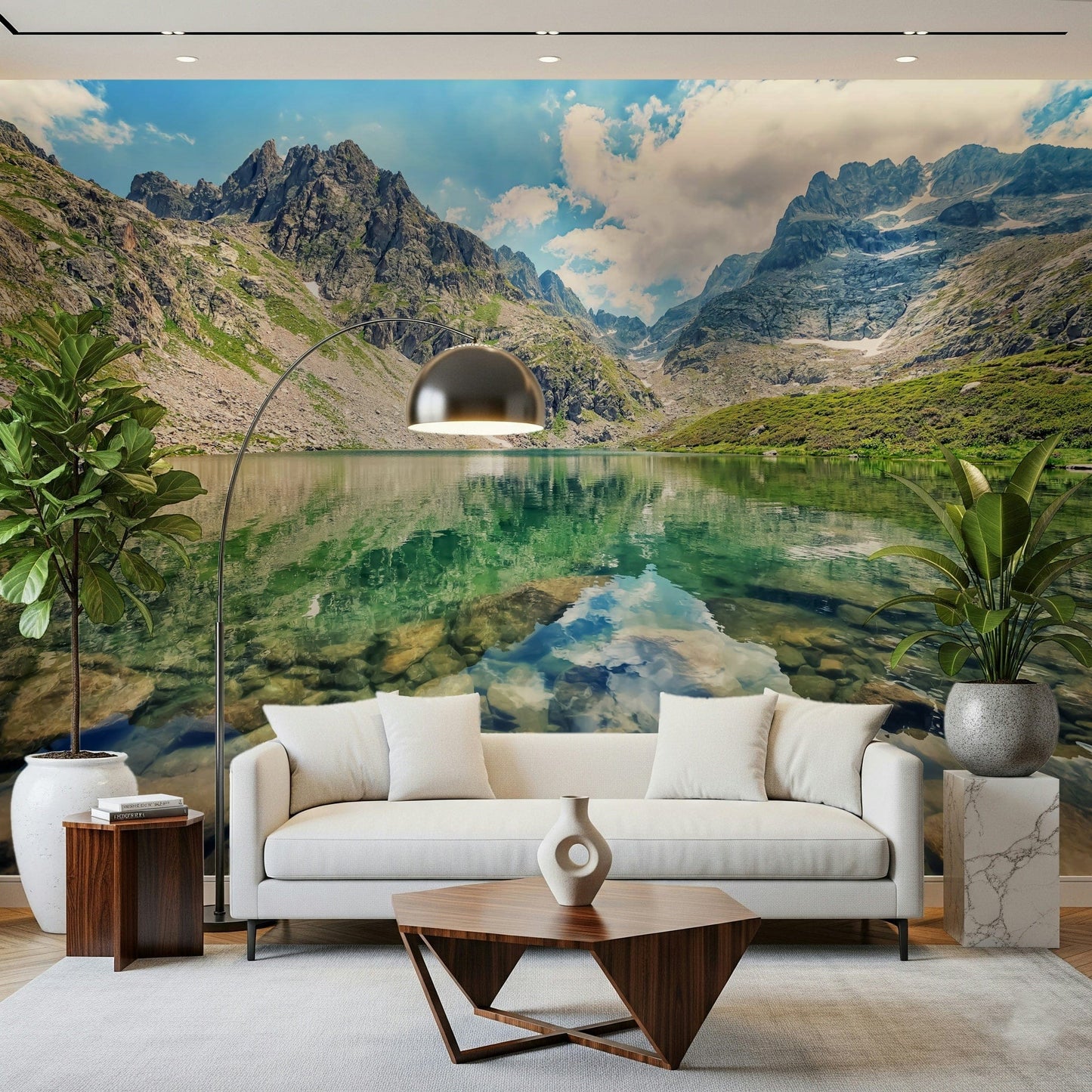 Pristine mountain valley mural, Alpine Lake Serenity backdrop.