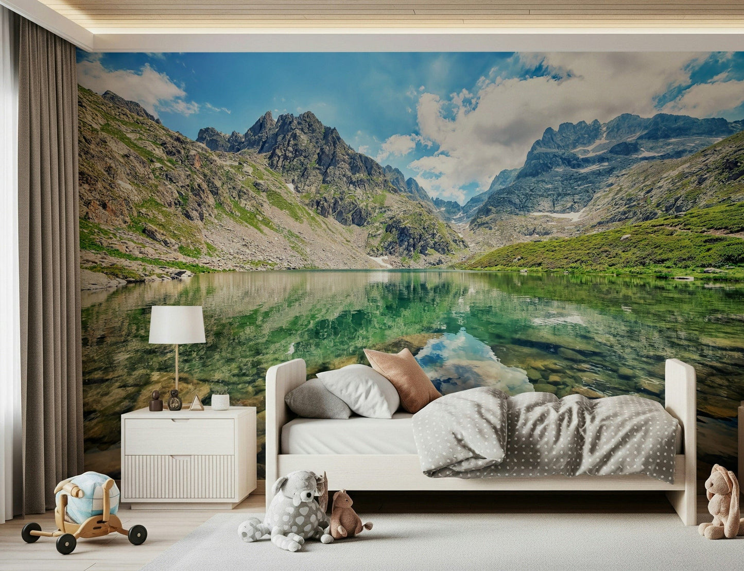 Majestic rocky peaks view, Alpine Lake Serenity wall covering.