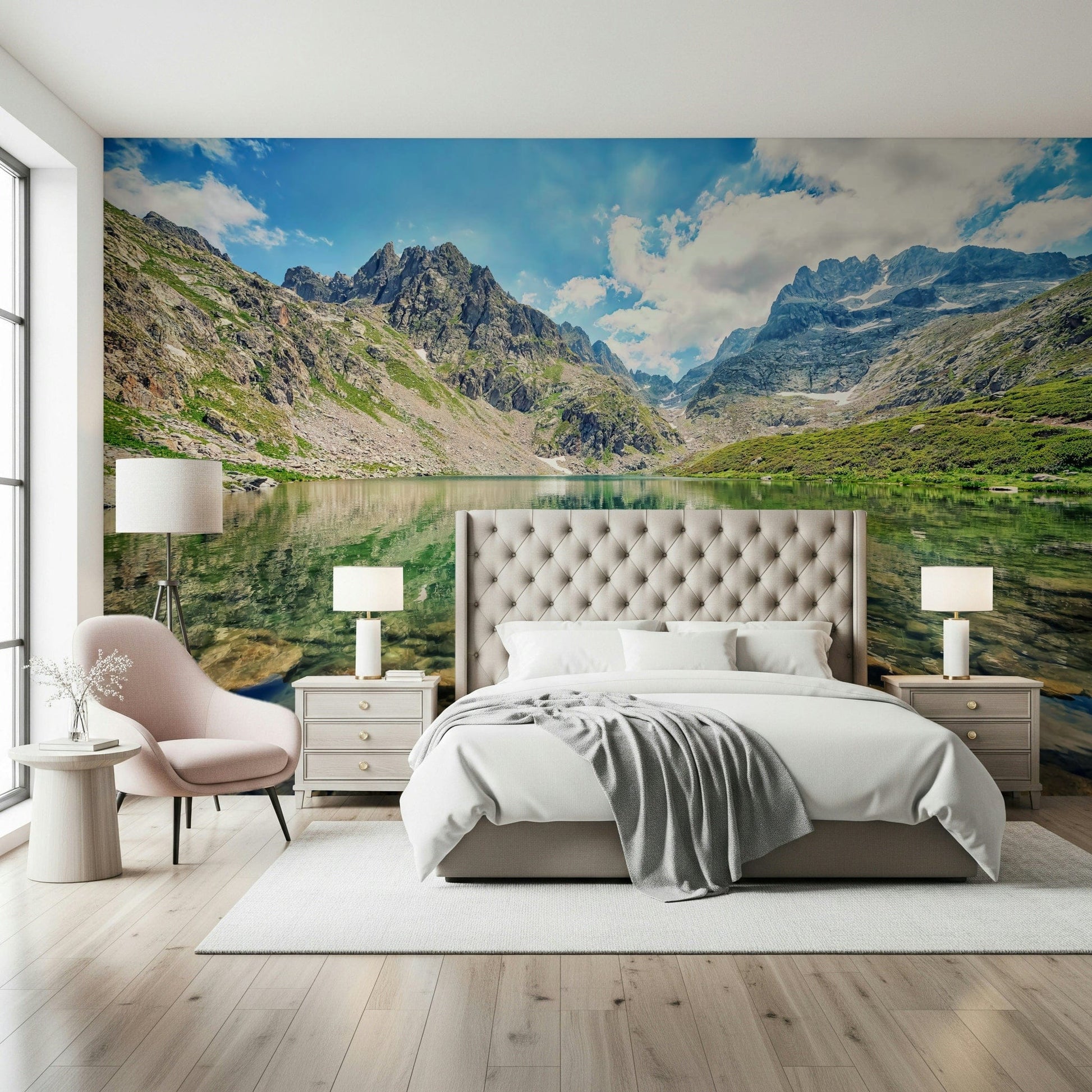 Stunning mountain vista wallpaper for walls Alpine Lake Serenity.