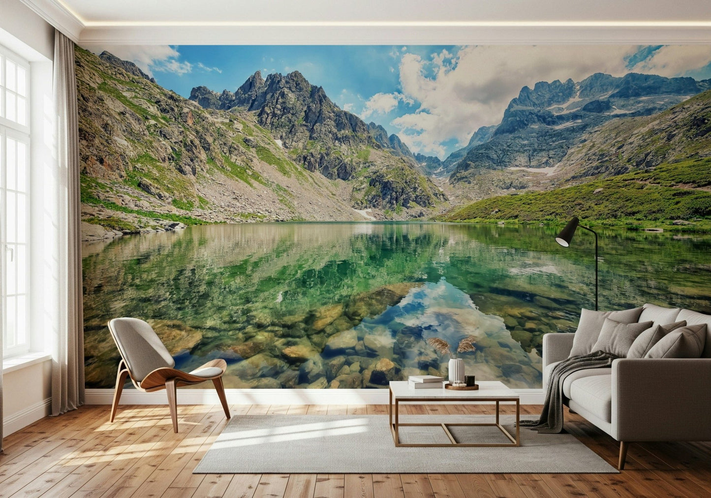 Vibrant green hillside wallpaper, Alpine Lake Serenity.