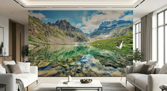 Alpine Lake Serenity wall mural clear turquoise water.