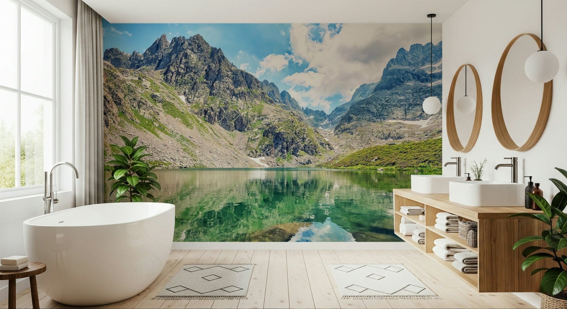 Beautiful wilderness scene, Alpine Lake Serenity peel and stick wallpaper.