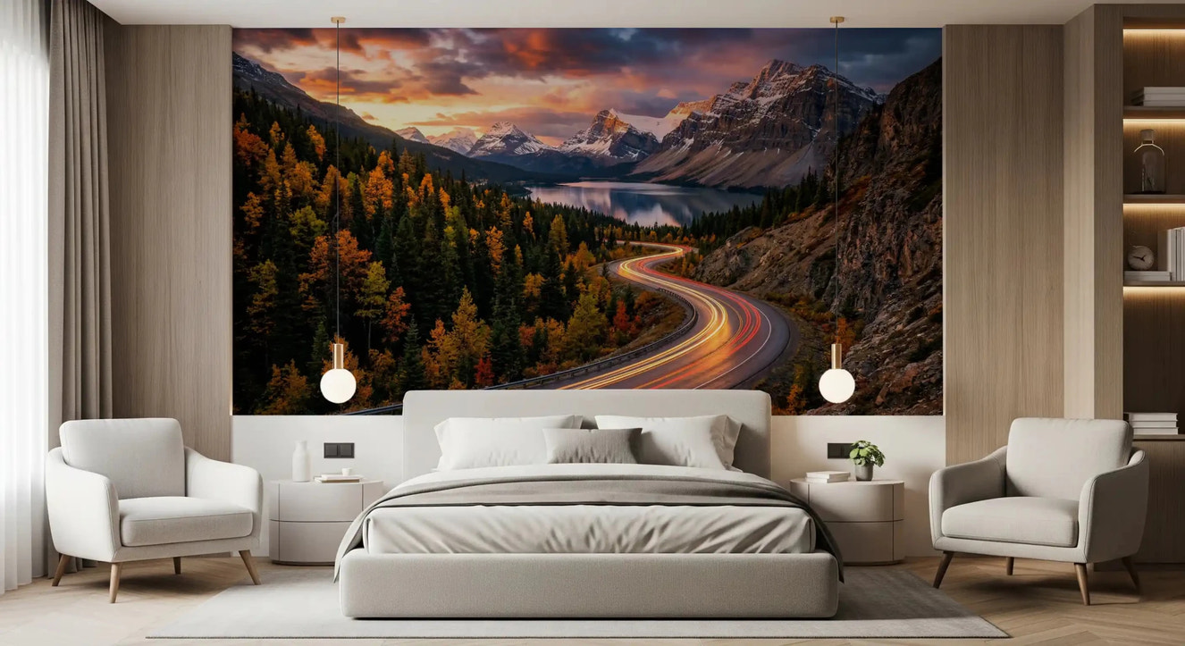 Bedroom mountain sunset wall mural with winding road scene