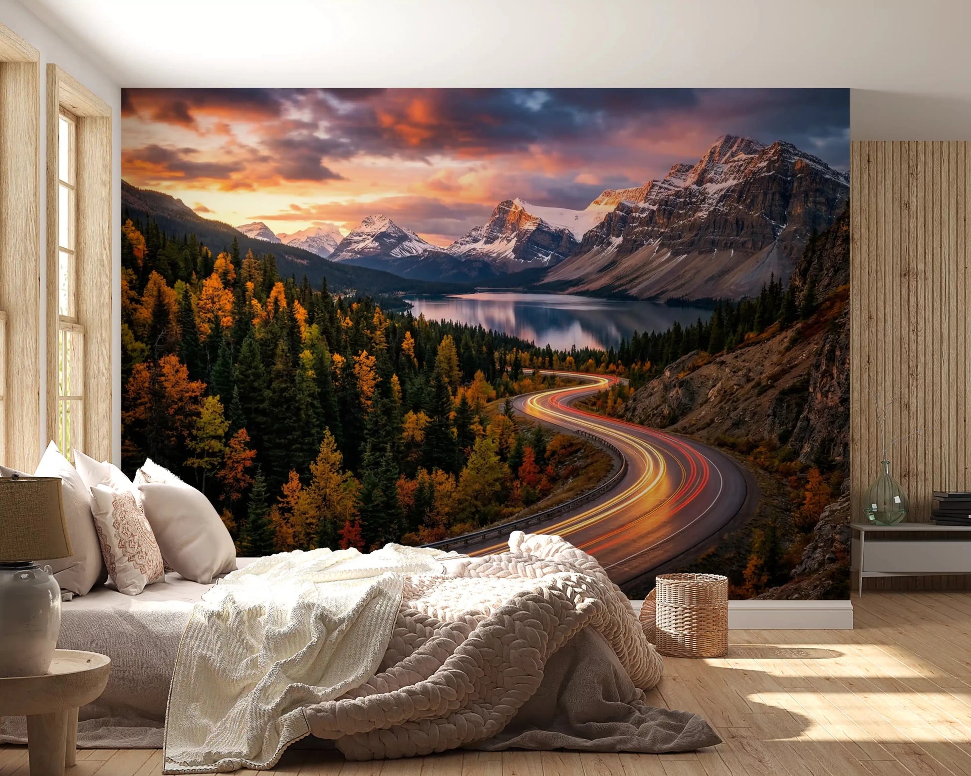 Sunset mountain wall mural with curving road and trees
