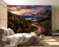 Sunset mountain wall mural with curving road and trees