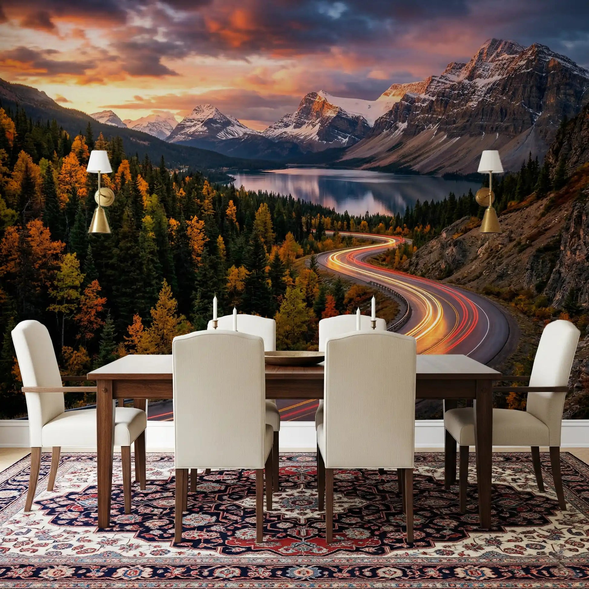 Scenic alpine wall mural with lake and snow peaks